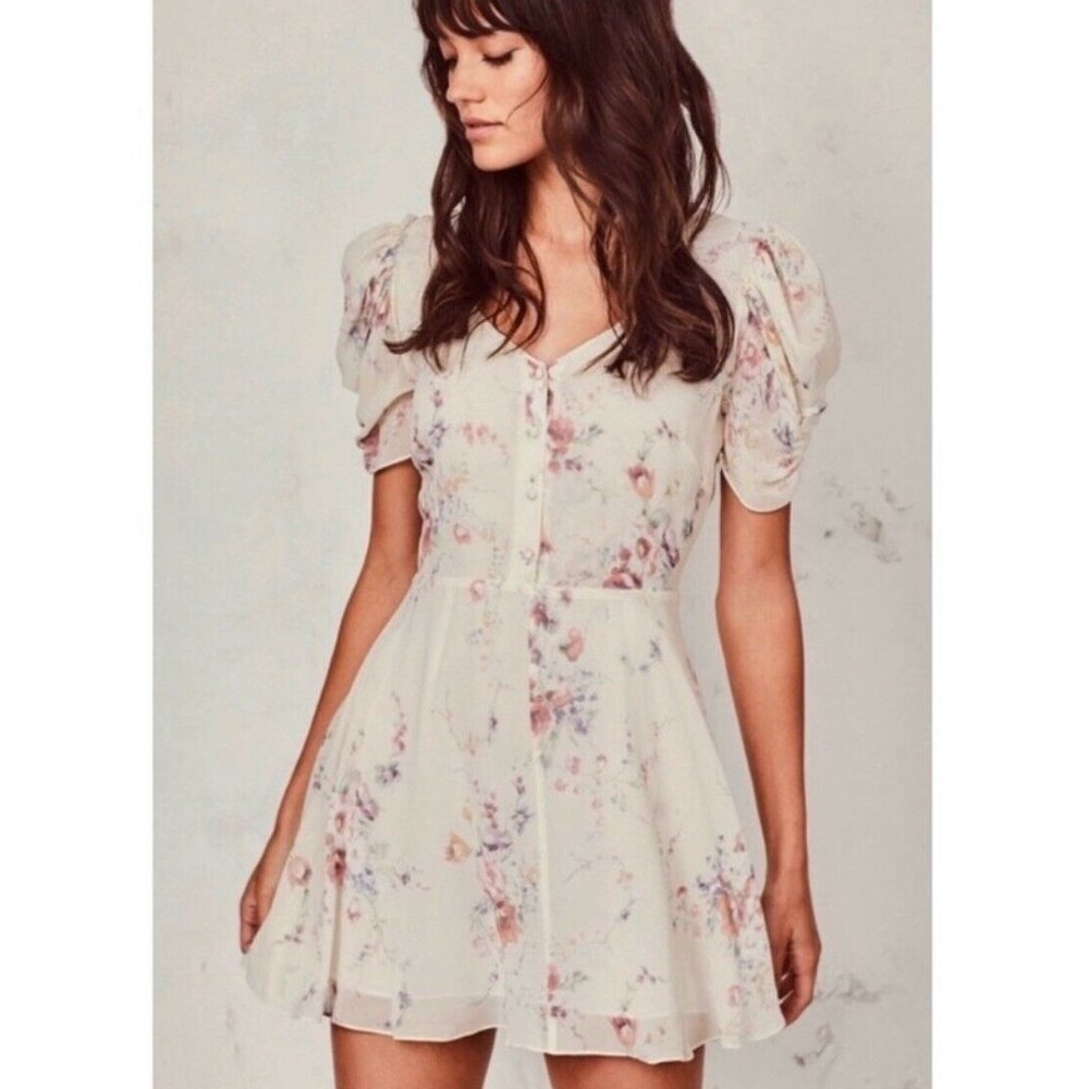 $425 Loveshackfancy Cora silk mini dress puff sleeves floral S